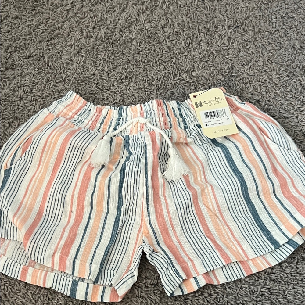 Salt Life High Waist Striped Shorts - Coral, Navy, White